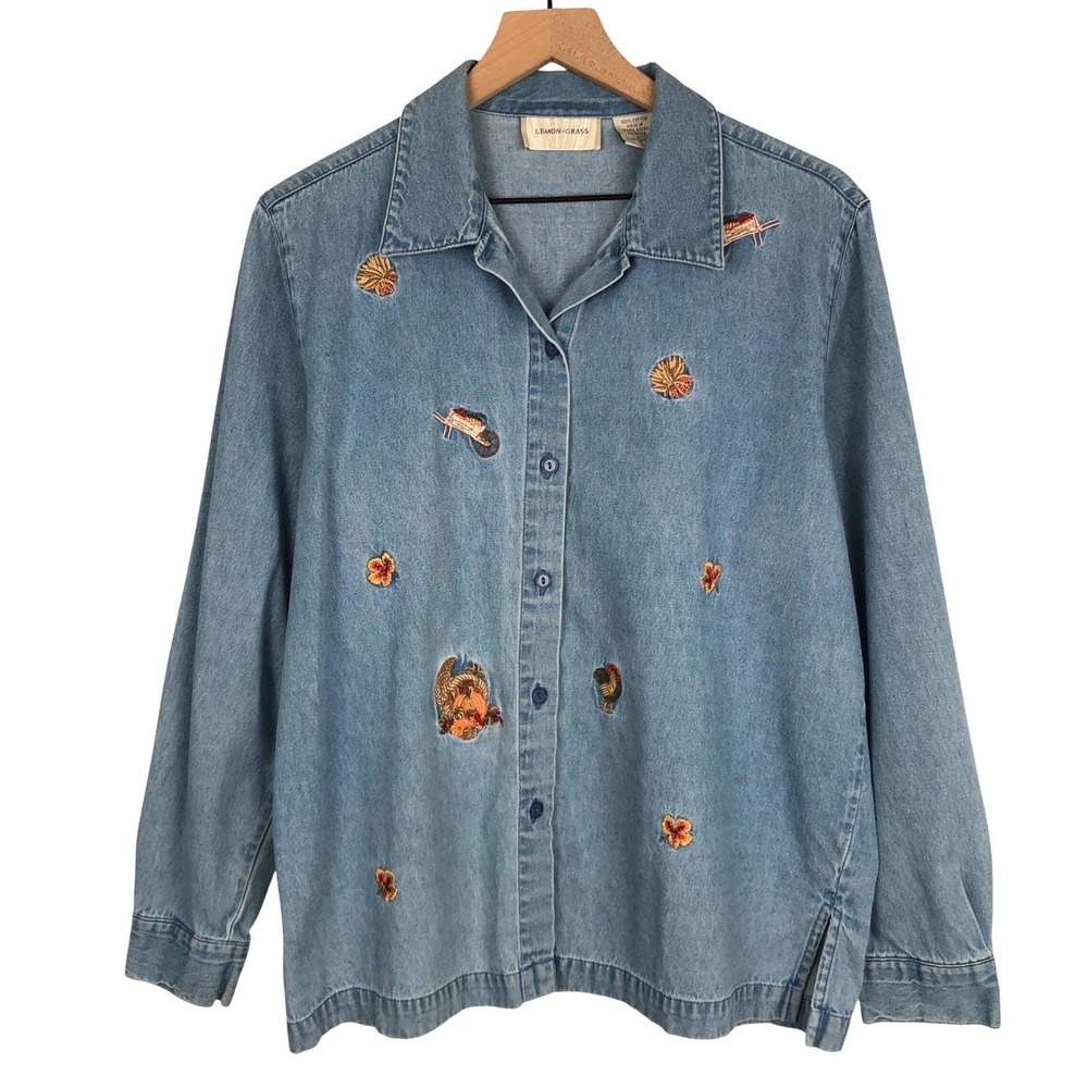 VTG‎ Lemon Grass Embroidered Denim Button Up Shirt Sz L Fall Harvest Cottage